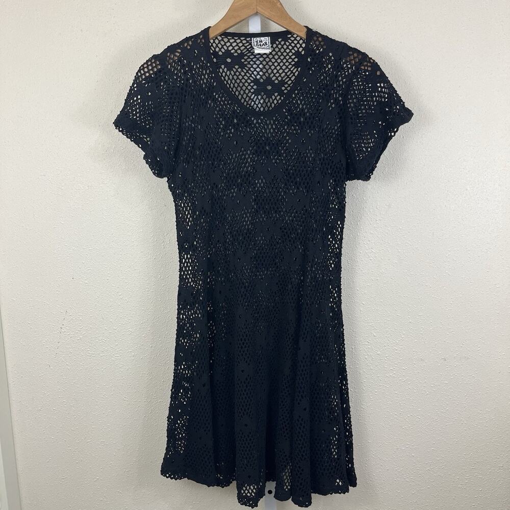 In Gear Vintage 90s Crochet Skater Mini Dress Womens L/XL Black Cotton USA